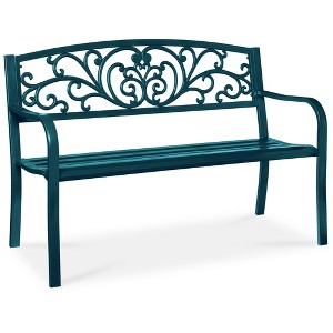 Best Choice Products Outdoor Steel Bench Garden Patio Porch Furniture w/ Floral Design Backrest - 1 of 4