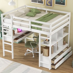 Full Loft Bed with Built-in Desk, 2 Drawers, Storage Shelves, White - 1 of 3
