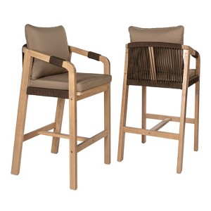 JONATHAN Y Porto Modern Coastal Tub Roped Acacia Wood Outdoor Bar Stool with Cushions and Armrests - 1 of 4