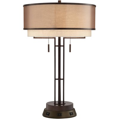 Franklin Iron Works Industrial Table Lamp with USB and AC Power Outlet Workstation Charging Base Bronze Double Shade Living Room