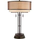 Franklin Iron Works Industrial Table Lamp with USB and AC Power Outlet Workstation Charging Base 26" High Bronze Double Shade Living Room