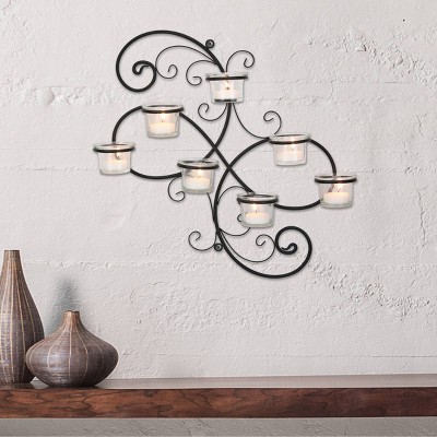 Elegant Ivy Swirl Black Metal and Glass Tealight Wall Sconce