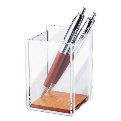 Zodaca Acrylic Pen Holder, Square Pencil Cup Desktop Organizer with Wood Base, Clear