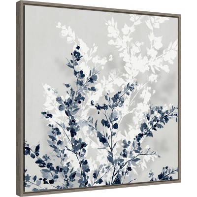22" x 22" Blue and White Abstract Botanic-Inspired Framed Canvas Wall Art