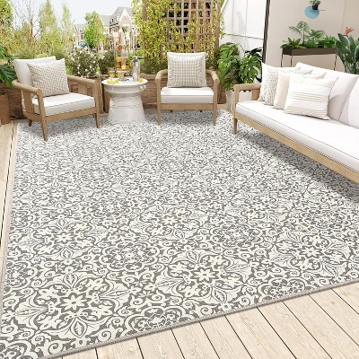 Outdoor Rug – Washable Vintage Floral, Non-Slip, Stain-Resistant, Ultra-Thin Patio Carpet for Porch, Deck, RV, or Camping