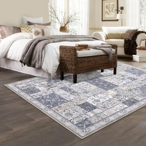 Washable Boho Area Rug for Living Room, Low Pile Vintage Plaid Carpet, Indoor Neutral Accent Rug for Bedroom or Home Office - 1 of 4