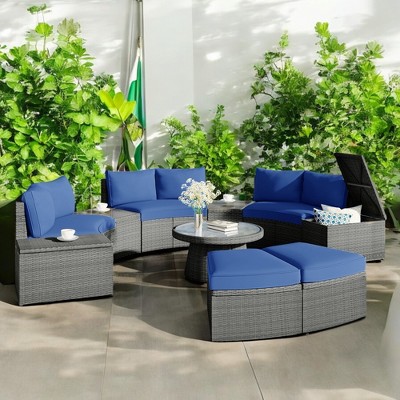 10-Piece Outdoor Patio Rattan Sofa Set with Cushions, Side Tables, Ottomans & Round Table – Light Gray PE Wicker Sectional Set
