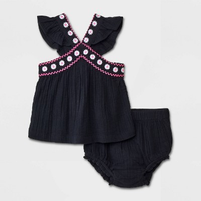 Image of Baby Girls' Gauze Top & Bottom Set - Cat & Jack™ Black Newborn