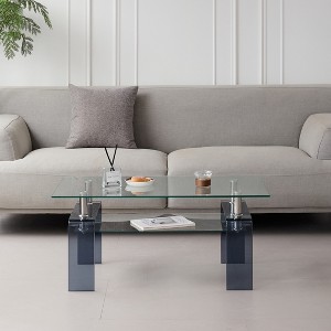 TiramisuBest Modern 2-Tier Rectangular Coffee Table, Tempered Glass & Wooden High-gloss UV Surface, Particle Board, for Living Room, Black - 1 of 4