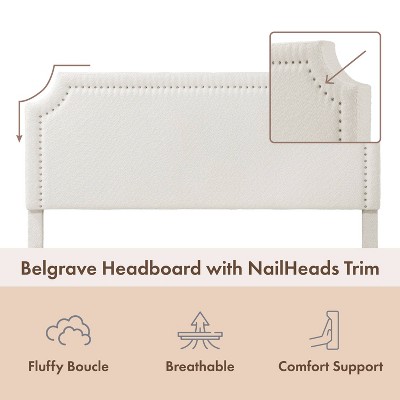 White Boucle Upholstered Queen Bed with Nailhead Trim and Wood Frame