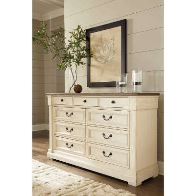 Antique White and Brown 64" Farmhouse Dresser with Mirror