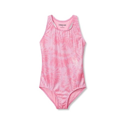 Lands' End Kids Chlorine Resistant Sporty Hi-Neck Racer Back One Piece Swimsuit - Large - Pink/Foil/Tie Dye — фото 2