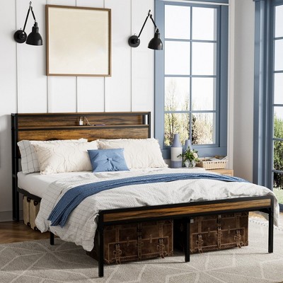 Full/Queen Size Bed Frame with Headboard, Metal Platform Bed Frame with Storage Shelf, Metal Slats Support, No Box Spring Needed, Noise Free