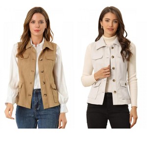 INSPIRE CHIC Women's Buttoned Sleeveless Faux Suede Utility Vest with Cargo Pocket 2 Packs - 1 of 4