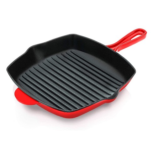 Nutrichef 11 Inch Square Nonstick Cast Iron Skillet Griddle Grill Pan With  Porcelain Enamel Coating, Side Pour Spouts, And Ridged Interior, Red :  Target