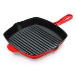 NutriChef 11 Inch Square Nonstick Cast Iron Skillet Griddle Grill Pan with Porcelain Enamel Coating, Side Pour Spouts, and Ridged Interior, Red