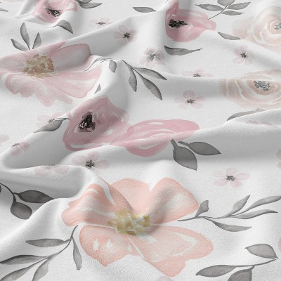 Blush Pink and Grey Floral Cotton Queen Duvet Cover Set