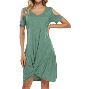 Women's Cold Shoulder Summer Twist Knot Mini Tshirts Dresses - 1 of 4