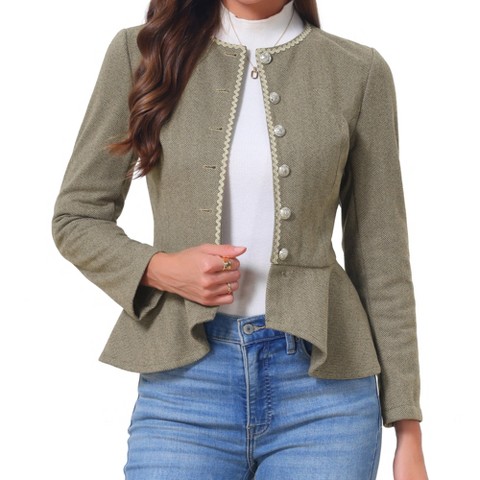 INSPIRE CHIC Women Vintage Crew Neck Herringbone Long Sleeve Button Down Ruffled Hem Business Casual Jackets Large Brown Khaki
