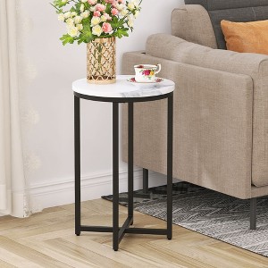 Okak Modern End Table with Faux Marble Pattam Tabletop, Round Side Table with Criss-Cross Metal Frame, Couch Table for Living Room, Black - 1 of 4