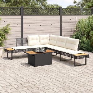 vidaXL L Shaped Garden Sofa Set with Cushions Black Poly Rattan and Acacia Outdoor Furniture for Patio Balcony Lounge Wicker - 1 of 4
