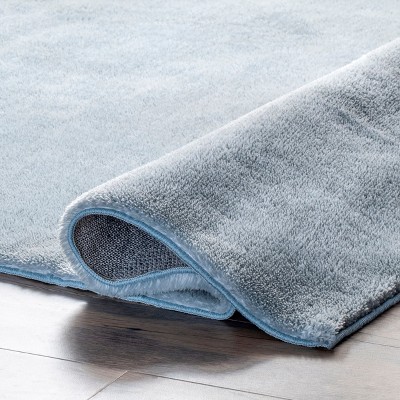 Light Blue Solid Shag Washable Round Synthetic Rug