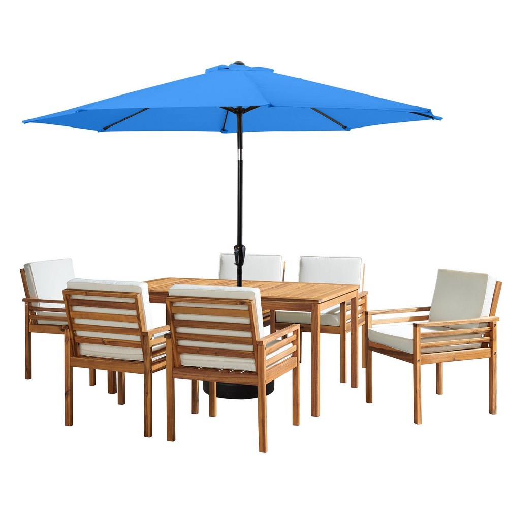 Photos - Dining Table Alaterre Furniture 8pc Outdoor Patio Dining Set, Okemo Table with 10' Auto Tilt Umbrella Brilliant Blue