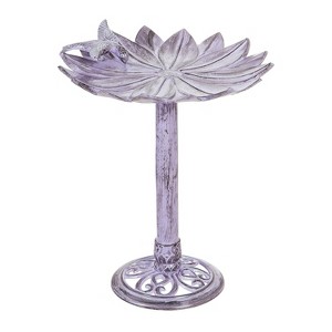 Evergreen 16" Metal Purple Floral Bird Bath with Perched Bird - 1 of 3