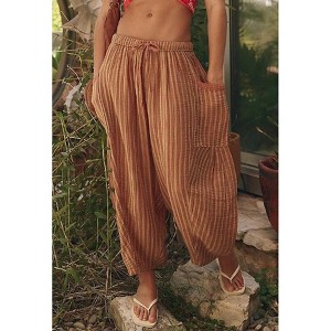 Womens Striped Pants Elastic Waist Cropped Wide Leg Pants - 1 of 4