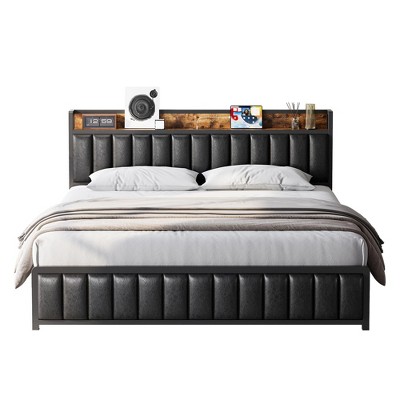 coucheta Bed Frame with Storage Headboard, Upholstered Platform Bed with USB Ports & Outlets, Noise Free, No Box Spring Needed