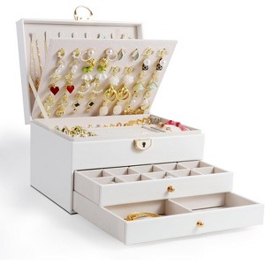 3-Layer Jewelry Box with Lock, Vintage Quilted Top Organizer with Removable Tray, Black - 1 of 4