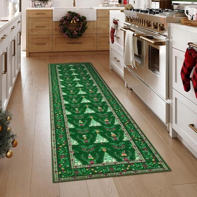 Orieon Christmas Rug 24x120 in, Runner Rug Non-Slip Hallway Indoor, Washable Christmas Carpet Stain Resistant Kitchen with Tree and Snowflake Pattern