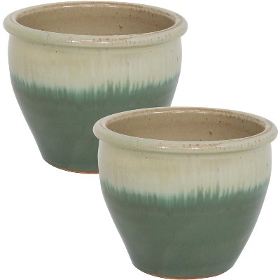 Sunnydaze Chalet Outdoor/Indoor High-Fired Glazed UV and Frost-Resistant Ceramic Flower Planter with Drainage Holes - 12" Diameter - Seafoam - 2-Pack