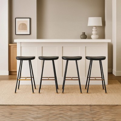 Royal Hampton 24" Backless Barstool with Handcrafted Mango Wood Saddle Seat | PVD Coating | Gold Footrest | Iron Legs