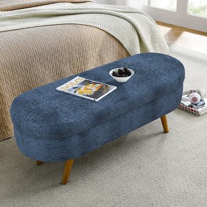 Gulches Ottoman Oval Storage Bench with Rubber Wood Legs Dark blue Pleated Fabric for Footstool Seat Home Decor - 1 of 4