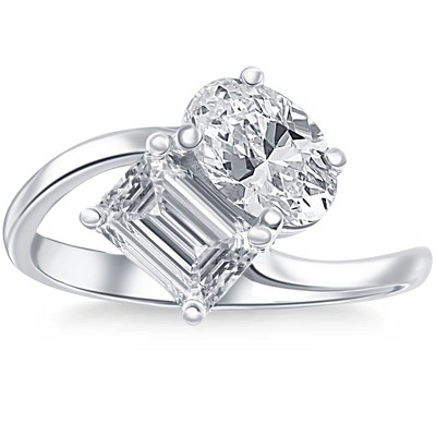 Pompeii3 2 1/4Ct TW Toi et Moi Oval And Emerald Cut Engagement Ring White Gold Lab Created