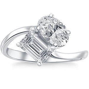 Pompeii3 2 1/4Ct TW Toi et Moi Oval And Emerald Cut Engagement Ring White Gold Lab Created - 1 of 4