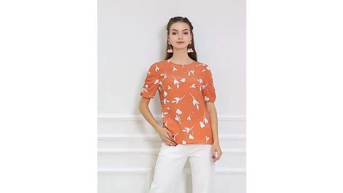 Allegra K Women's Floral Summer Crew Neck Casual Shirred Short Sleeve Blouse, 2 of 8, play video