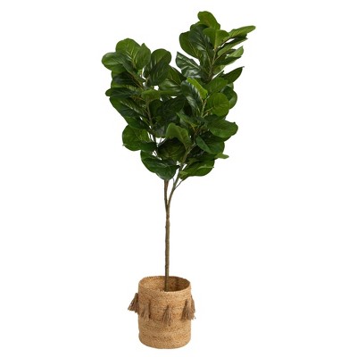 Nearly Natural 6-ft Fiddle Leaf Fig Artificial Tree in Handmade Natural Jute Planter with Tassels