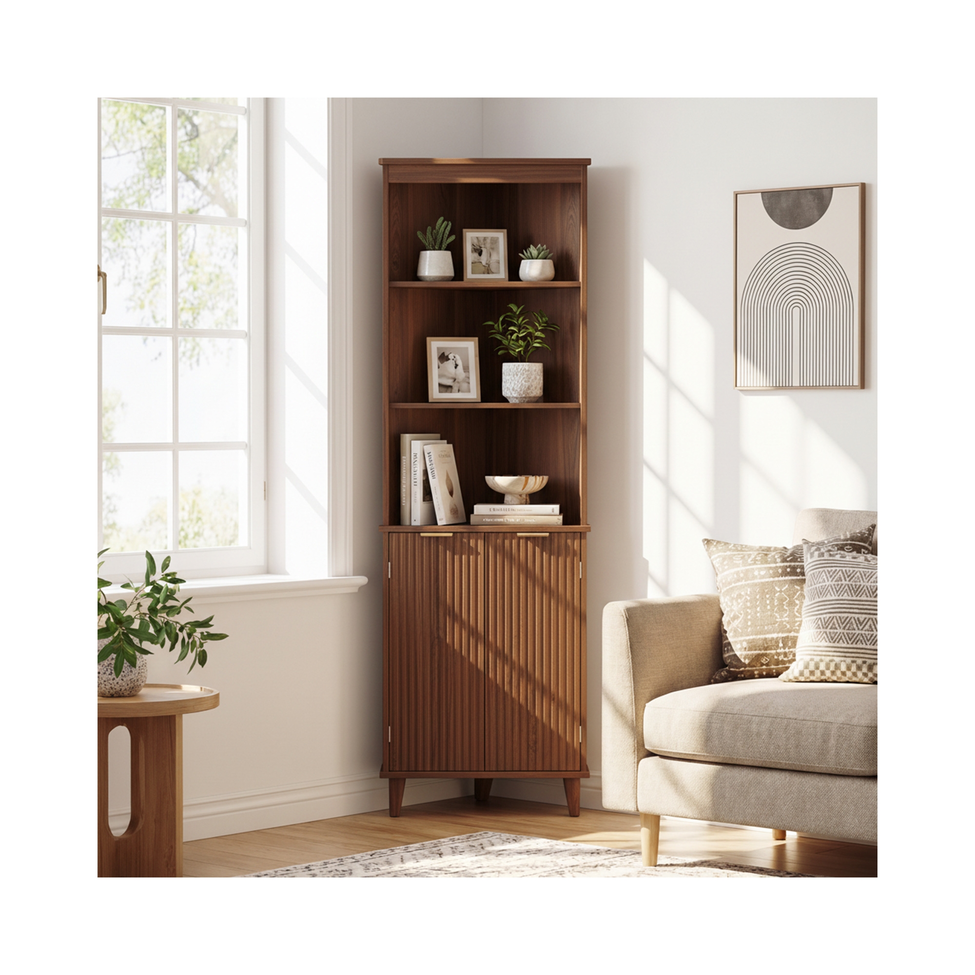 Costway 68" Tall Corner Bathroom Cabinet with Fluted Doors, 6-Tier Bathroom Storage Cabinet Walnut