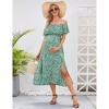 Maternity Dress for Women Summer Off Shoulder Floral Short Sleeve Midi Maternity Dress Ruffled Dress with Thigh Slit - 2 of 4