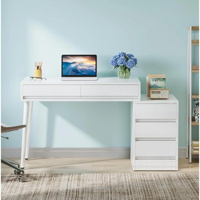 Okak Modern Home Office Reversible Computer Desk with Storage Drawers,Multifunctional Study Writing Desk with for Study,Office,Studio