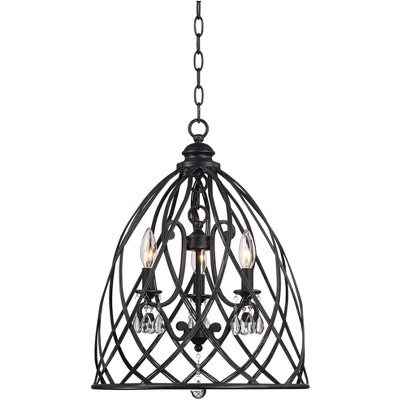 Franklin Iron Works Black Bell Cage Pendant Chandelier 16" Wide Open Frame 3-Light Fixture for Dining Room House Foyer Kitchen