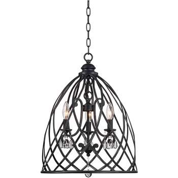 Franklin Iron Works Black Pendant Chandelier Lighting 16" Wide Industrial Rustic Bell Cage 3-Light Fixture for Dining Room House Foyer Kitchen Island