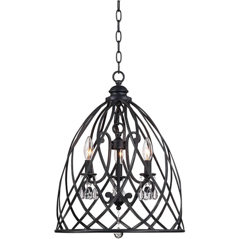 Franklin Iron Works Black Pendant Chandelier Lighting 16" Wide Industrial Rustic Bell Cage 3-Light Fixture for Dining Room House Foyer Kitchen Island, 1 of 8