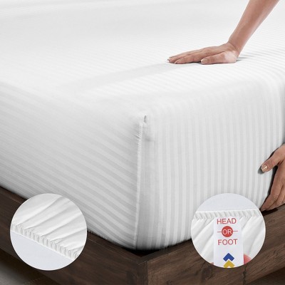 Full Bright White Striped Cotton Deep Pocket Sheet Set
