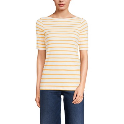 Lands' End Women's Supima Cotton Elbow Sleeve Boatneck Button Shoulder Tee