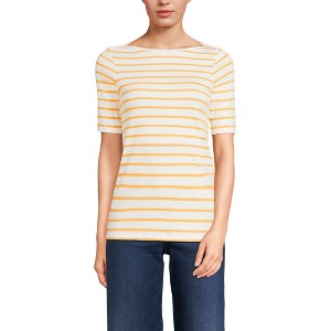 Lands' End Women's Supima Cotton Elbow Sleeve Boatneck Button Shoulder Tee - 1 of 4