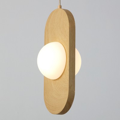 Natural Wood and Frosted Glass LED Pendant Light, 14" x 6"