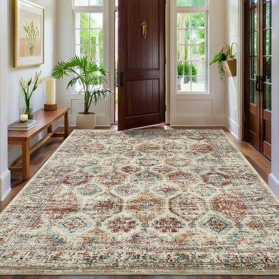 Washable Runner Rug Non Slip Floor Carpet, Low Pile Distressed Kitchen Rug, Non-Shedding Faux Wool Soft Rug, Vintage Printed Rug